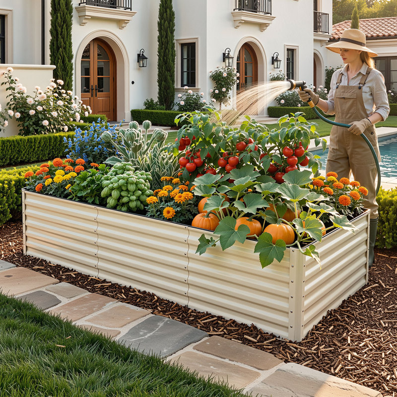 Galvanized Raised Garden Bed With Gloves, Cream, 24" H x 96" W x 48" D