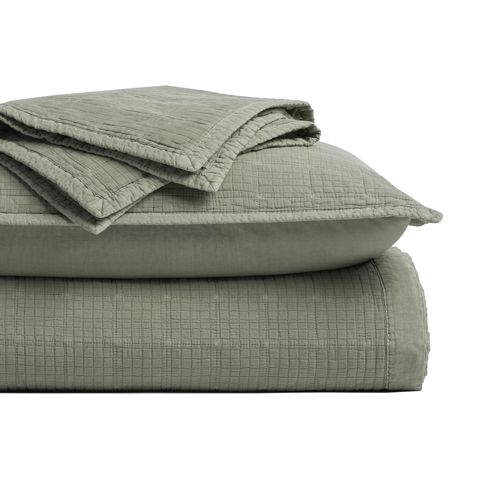 Crinkle Cotton Quilt Set, Queen Quilt + 2 Queen Shams, Olive Green