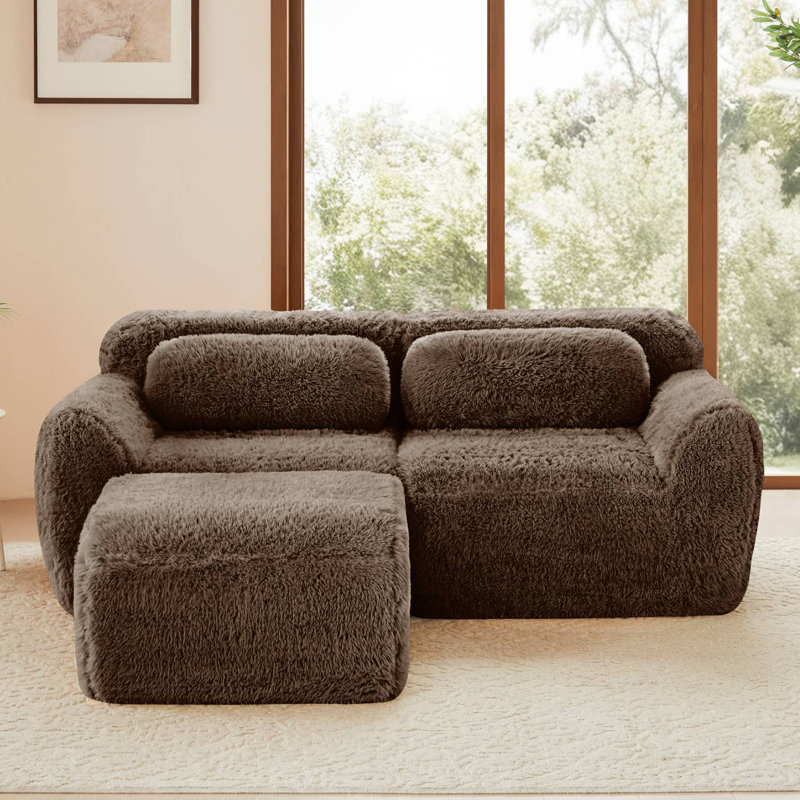 80" Modular Upholstered L-Shaped Sofa With Ottoman, Chocolate