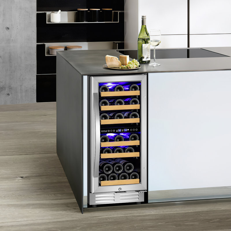 Refroidisseur à vin 15 po à deux zones, réfrigérateur à vin encastré ou autoportant de 30 bouteilles, réfrigérateur à vin sous le comptoir avec porte réversible, deux poignées et tablettes réglables