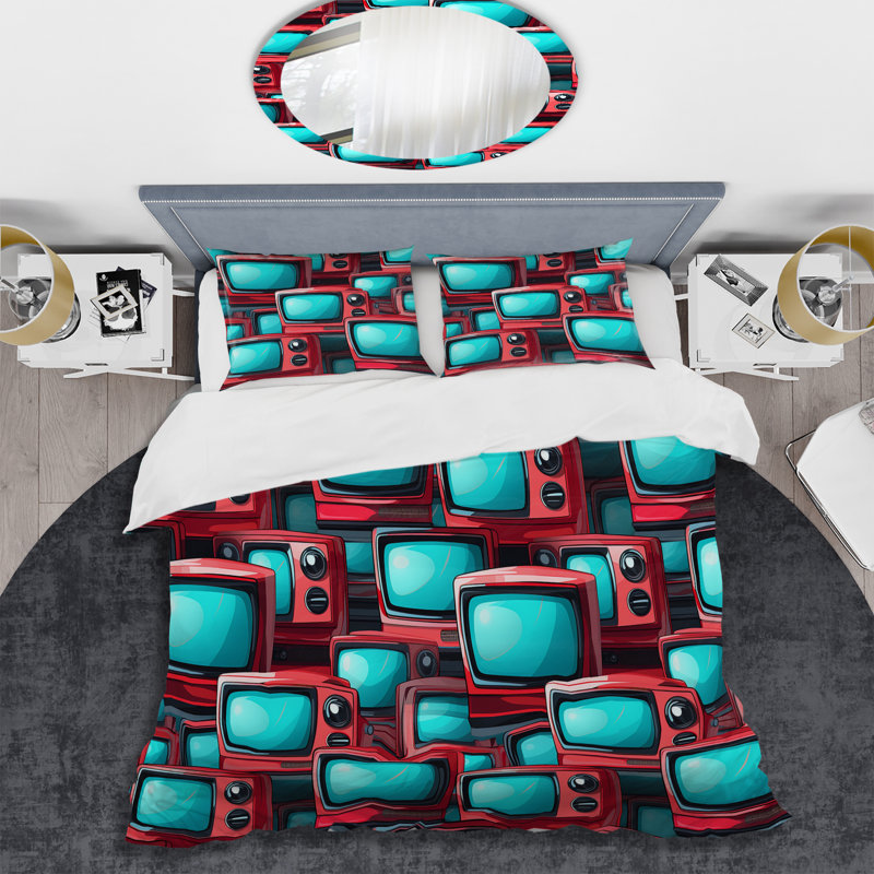 Ensemble de housse de couette rouge et cyan Popart Retro Tv, Housse de couette pour grand lit et 2 taies décor