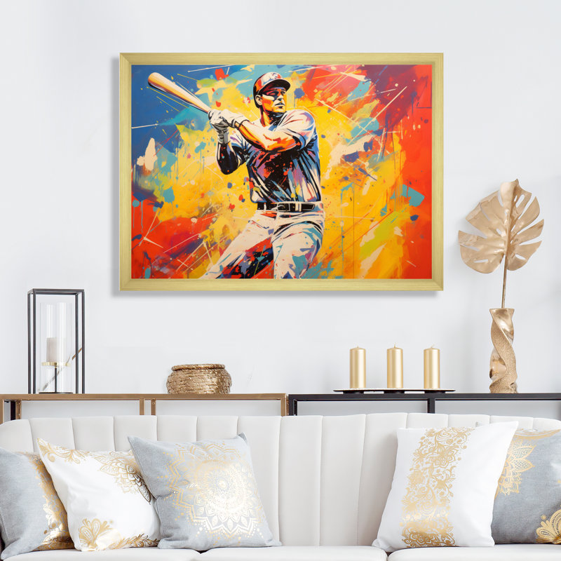 Pop Art Baseball Homerun sur toile, Encadrement doré, H 34 po x l 44 po x P 1,5 po