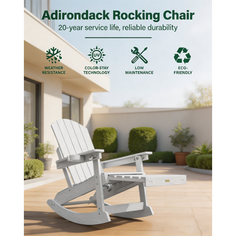 Outdoor Adirondack Chair with Footrest, 5-Position Adjustable Backrest and Retractable Ottoman, High-Back Patio Rocking Chair, Heavy-Duty HIPS Material with Wood-Grain Finish, 400 lbs Weight Capacity, White