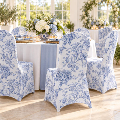 Lot de 10 housses de chaises de banquet en spandex à motif toile de Jouy blanche et bleue