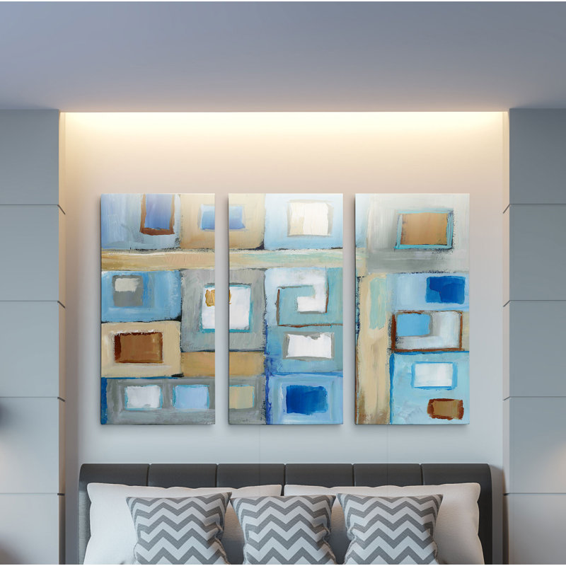 A Premium "Variation on Greek Key II" - 3 pièces, reproduction d'art sur toile tendue, H 40 po x l 80 po x P 1,5 po