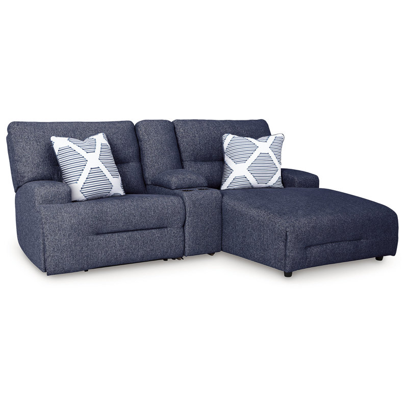 Acklen 3-Piece Power Reclining Sectional Sofa With Chaise, Blue Polyester, Right Hand Facing