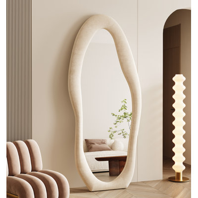 Large Full Length Mirror 70.8"x31.5", Oversized Irregular Wavy Mirror, Arched Floor Mirror, Wall Mirror Standing Hanging Or Leaning Against Wall For Bedroom, Flannel Wrapped Wooden Frame Mirror