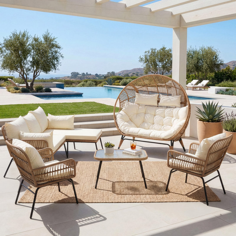 Ensemble de conversation de patio 6 pièces avec fauteuil à œufs pour 2 personnes et table seau à glace Boho