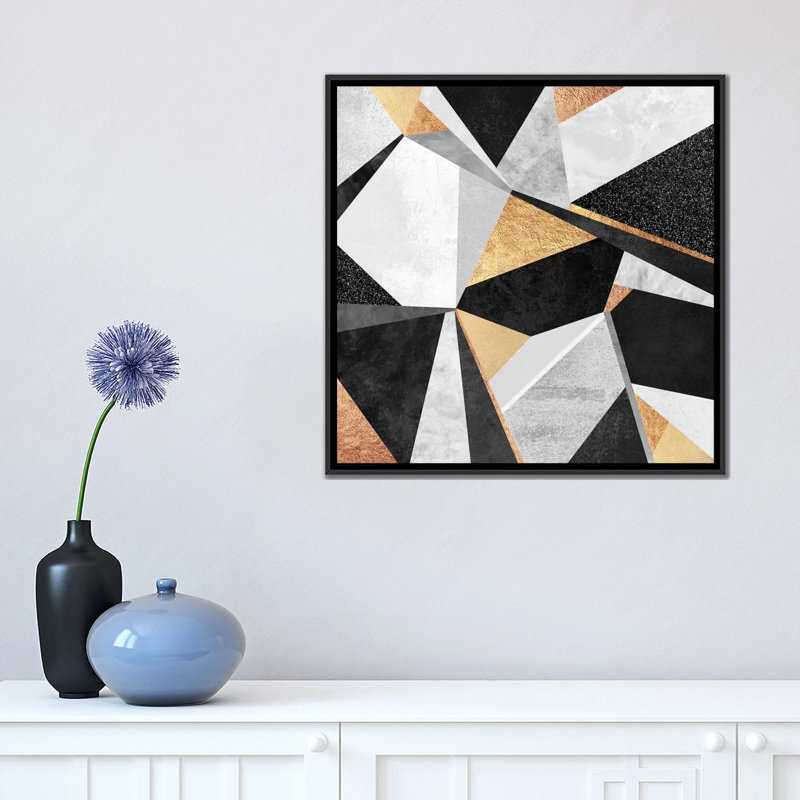 Géométrie, impression sur toile en or, H 18 po x l 18 po x P 1,5 po, Toile avec cadre noir, Pas de tapis
