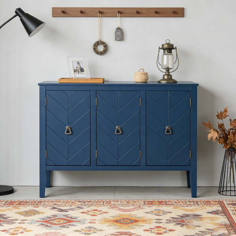 Adjustable Shelf Storage Sideboard with 3 Retro Metal Handles and 4 Pinewood Legs, Navy Blue