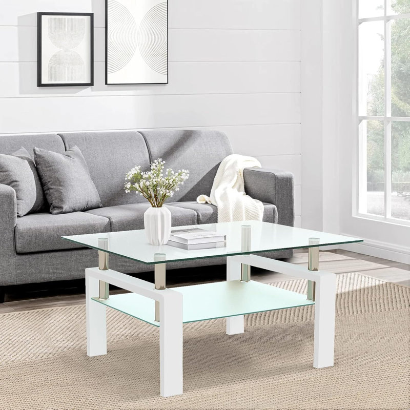 Table basse de salon en verre trempé transparent, 2 couches, Blanc, H 17,7 po x L 39,37 po x l 23,62 po