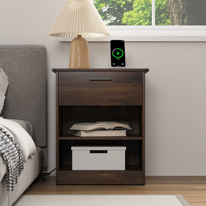 1 - Drawer Nightstand With Charging Station, Brown
