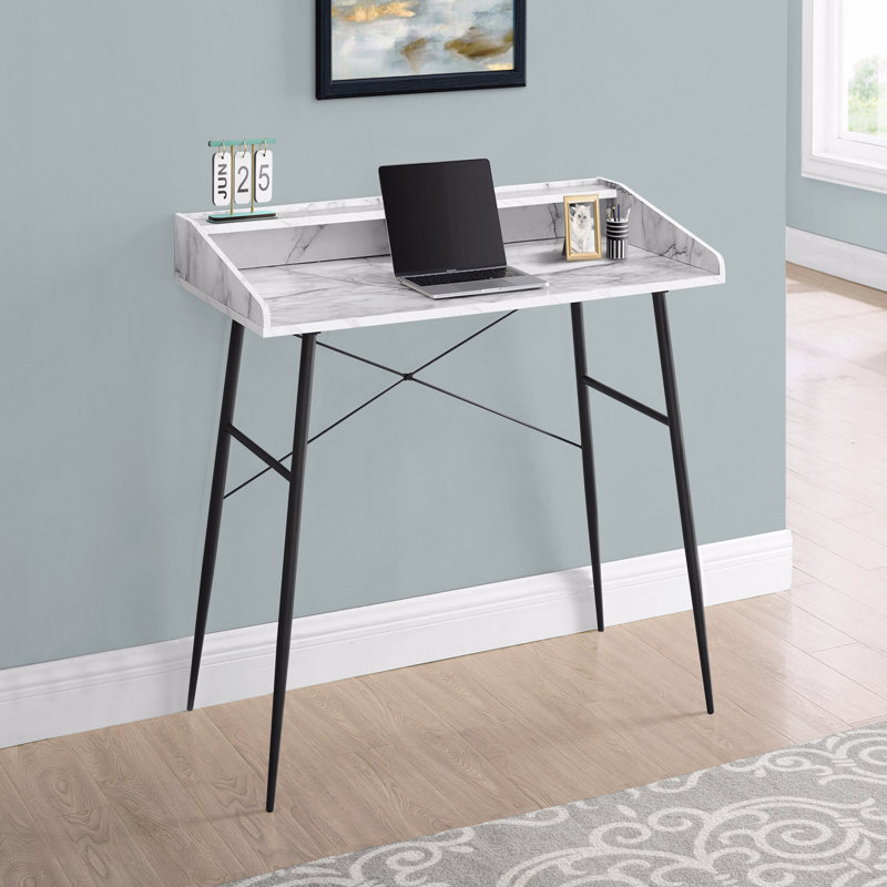 Computer Desk, Home Office, Laptop, Storage Shelves, 48"L, Work, White Marble Look Laminate, Black Metal, Contemporary, Modern