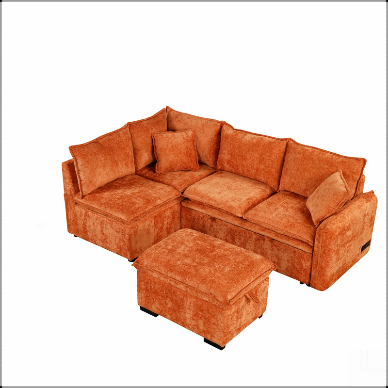 Canapé-lit modulaire en forme de L avec repose-pieds de rangement 82,67 po, Chenille orange