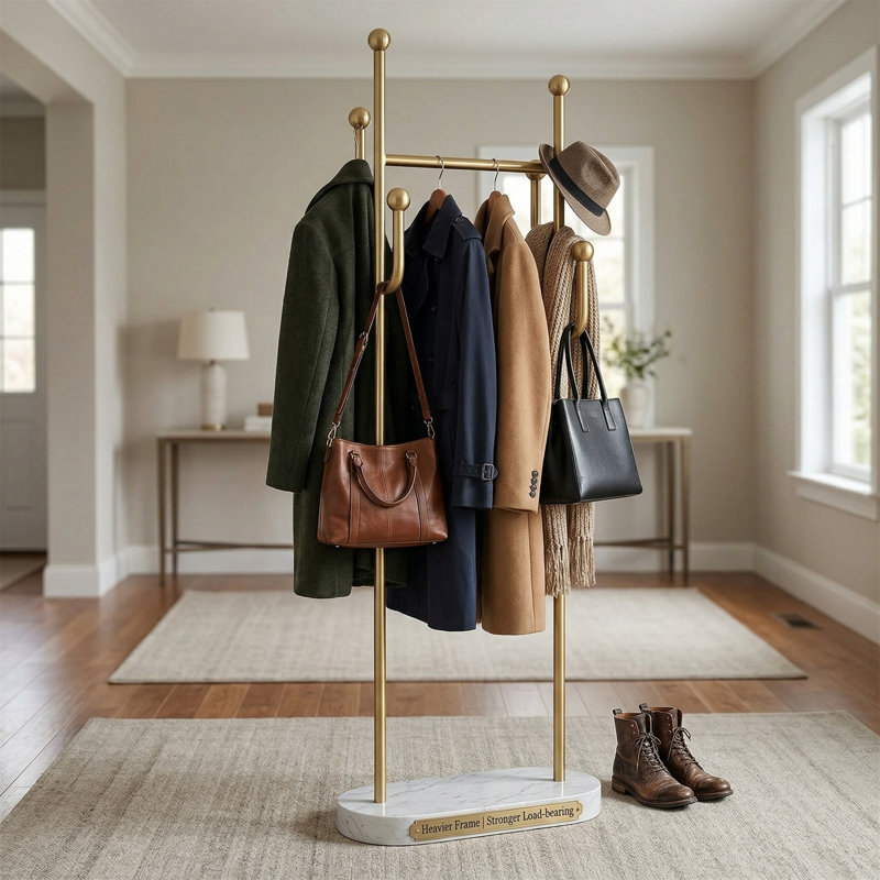 Freestanding Coat Rack With A Gold-tone Metal Frame And Marble Base, Suitable For Hats, Scarves, Jackets, And More