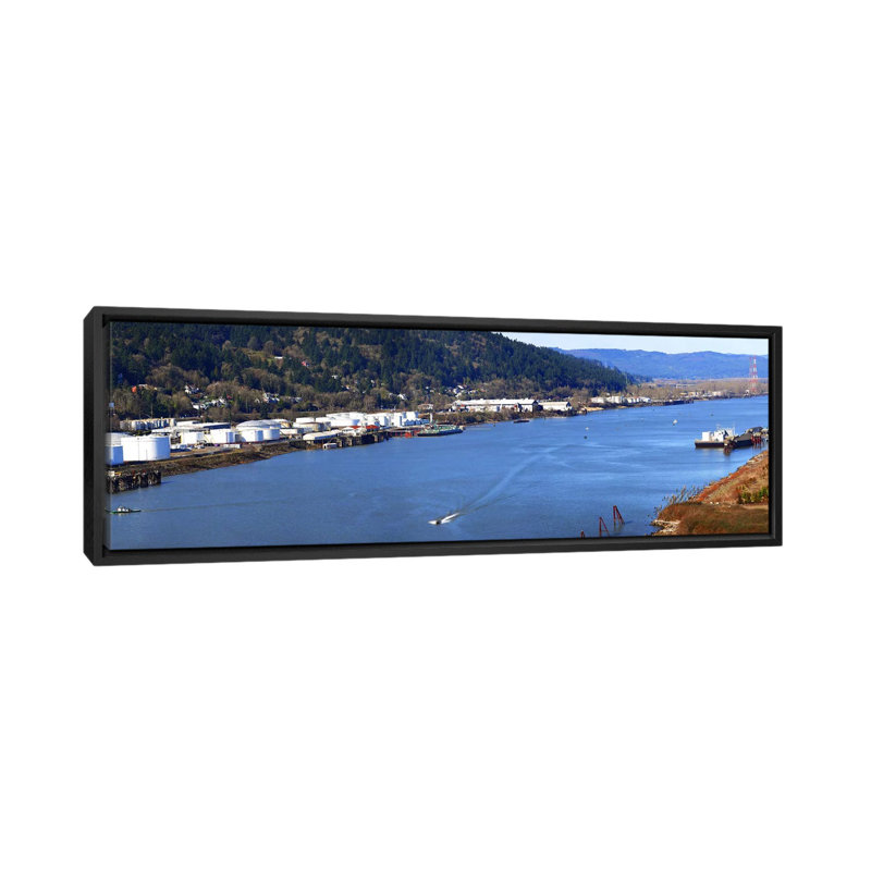 " High Angle View Of A River, Willamette River, Portland, Multnomah County, Oregon, USA " by Panoramic Images, Black Framed