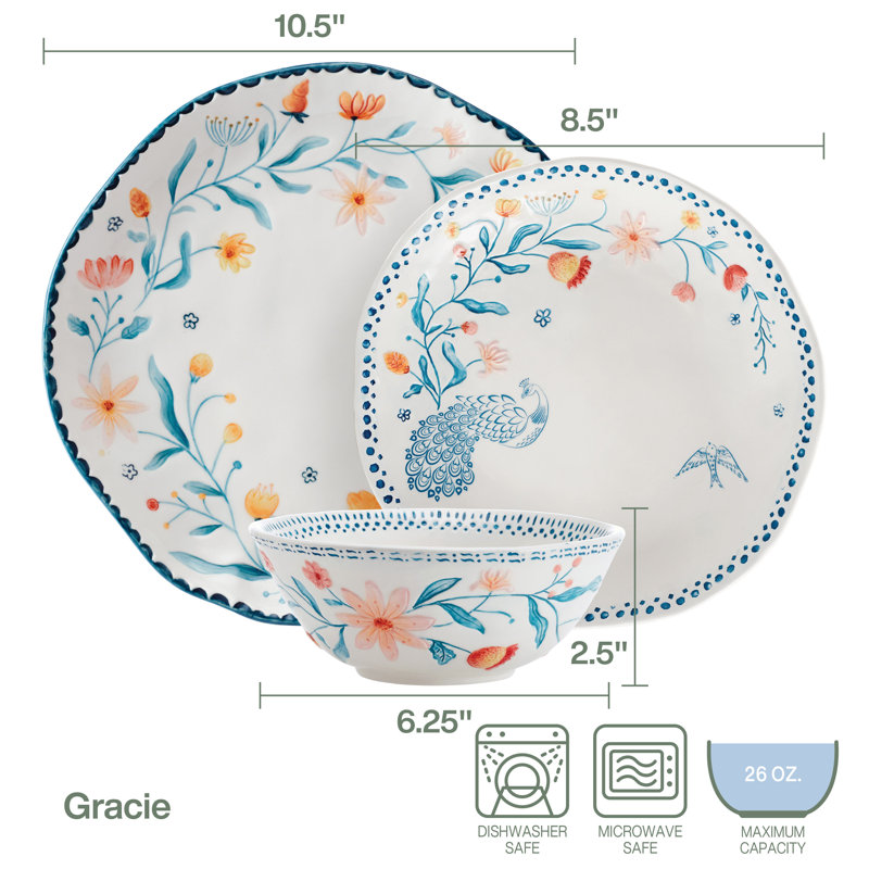 Gracie Floral Ceramic 12-Piece Dinnerware Set, Service for 4
