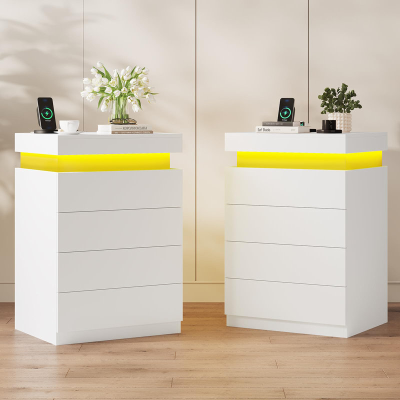 Table de chevet avec 4 tiroirs et lumières à DEL, plateau coulissant, grande table de chevet avec station de charge, table d'appoint moderne pour la chambre à coucher