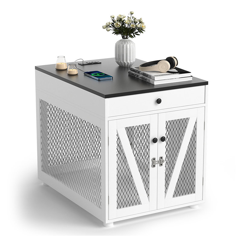 Feristah Manufactured Wood End Table Dog Crate with Charging Station, 27" H x 23.6" W x 31.4" D, White/Black