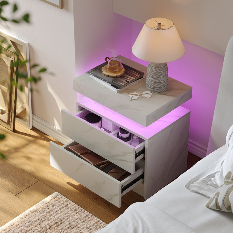 LED Nightstand with 2 Drawers - Small Space Solutions, Grey/White