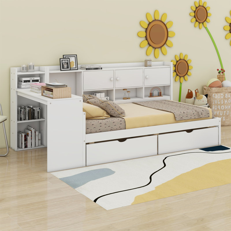 Lit de jour avec 2 tiroirs et armoires tablettes, bibliothèque de rangement, bureau amovible intégré, Complet/Double, Blanc