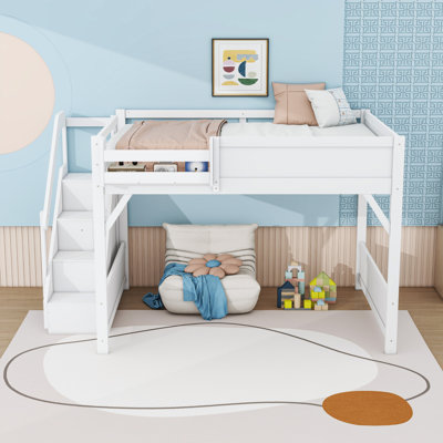 Loft Bed with Built-in Wardrobe, Stairs and Storage Shelves