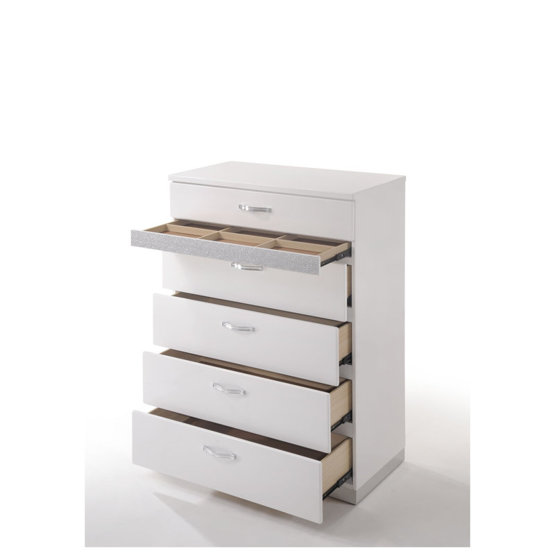 Commode 5 tiroirs Naima II blanche ultra brillante - Commode de rangement moderne avec rangement pour bijoux intégré