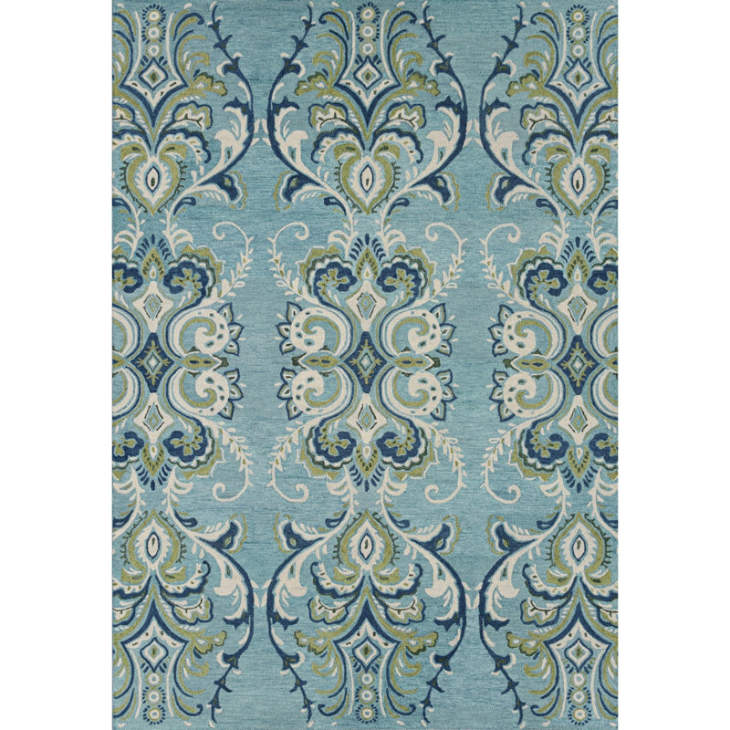 Adelaide Hand Hooked Aqua/Green/Ivory Wool Rug, Rectangle 9' x 13'