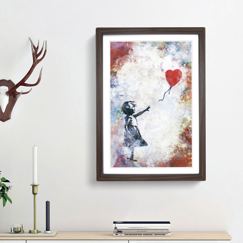 The Girl With A Red Balloon In Abstract by Banksy - Single Picture Frame Print on MDF, Walnut Framed, 76cm H x 50cm W x 2cm D