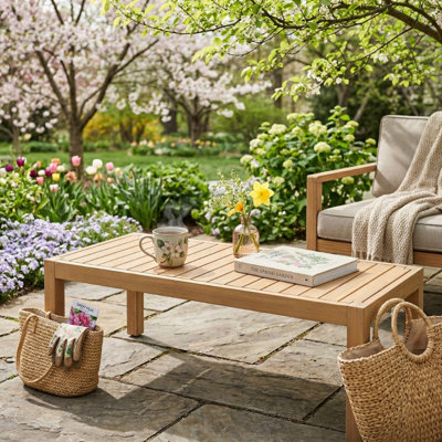 Ebamba 47.24" Modern Coastal 47.24" Acacia Wood Outdoor Coffee Table with Slatted Top and Solid Frame