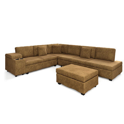 5-Piece L-Shaped Corduroy Corner Sectional With Removable Ottoman,Convertible Sleeper Sofa With Hidden Armrest Storage & USB Charging Ports