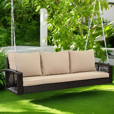 69" PE Wicker 3-Person Porch Swing With Chains, Large Patio Swing Bench With Cushions For Backyard, Garden, And Poolside