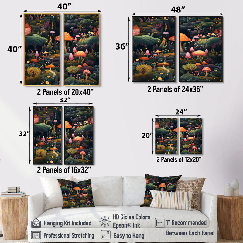 Magical Mushroom Enchanted Forest - Art mural traditionnel, Noir, H 36 po x l 48 po, Reproduction encadrée sans passe-partout