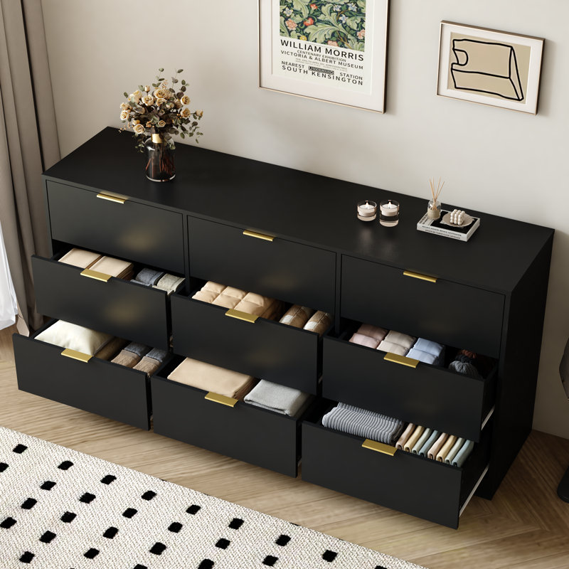 Grande commode moderne en bois 63 po avec 9 tiroirs profonds Gable, Noir