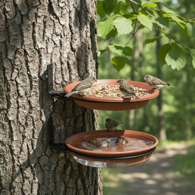 Wall Mounted Bird Feeder 6.8In Diameter Tree Hanging Bird Bath Bowl Parrots Water Bowl Feeder For Outdoors Bird Feeder Stand Bath Tray Set (2 Plates + 2 Iron Rings + Screws)