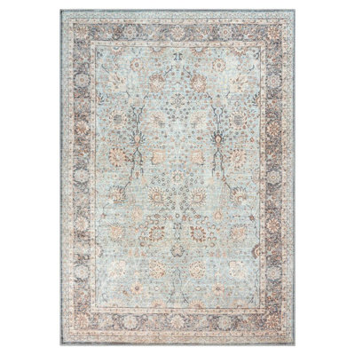 GLN Rugs Traditional Collection - Machine Washable Area Rug, Traditional Washable Rug, Non Slip Washable Rug, Low Pile Chenille Living Room Rug, Bedroom Rug, Kitchen Rug (Blue Floral Rug)