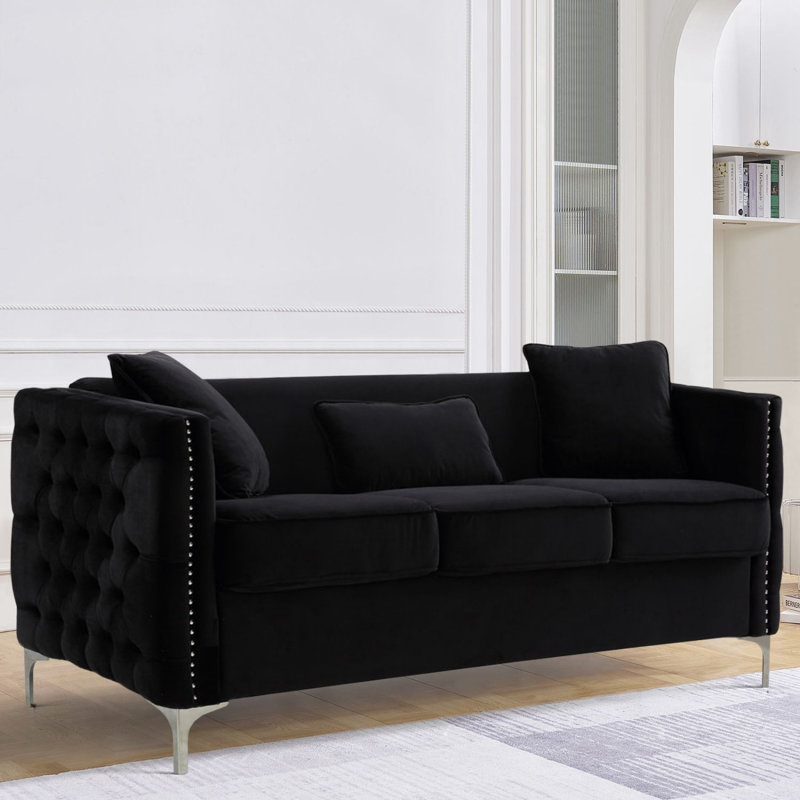 Canapé en velours mauve avec 3 coussins, Velours noir