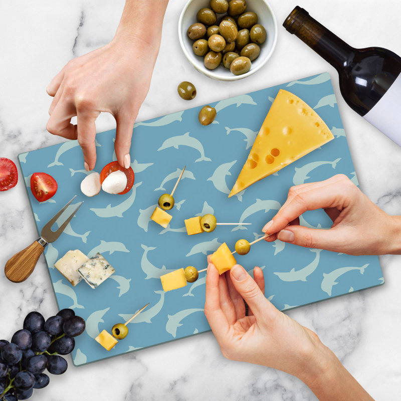 Ambesonne Ocean Cutting Board Large Size Pattern with Dolphins Pale Blue White