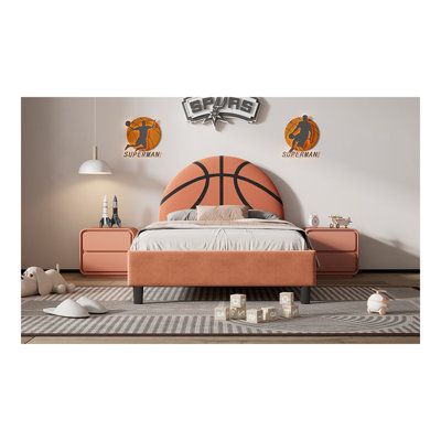 Basketball Design Upholstered Twin Platform Bed Sport Style Bed For Boys  Girls, Teens, Orange