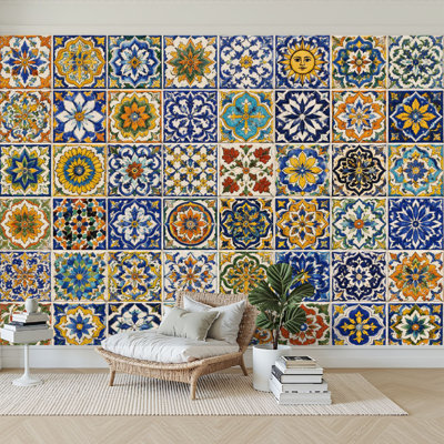 Wall Mural Peel and Stick Wallpaper Colorful Mediterranean Mosaic Tile Floral Geometric Designs Self-Adhesive Removable Contact Paper Wall Decor for Living Room Bedroom 100"H x 144"W