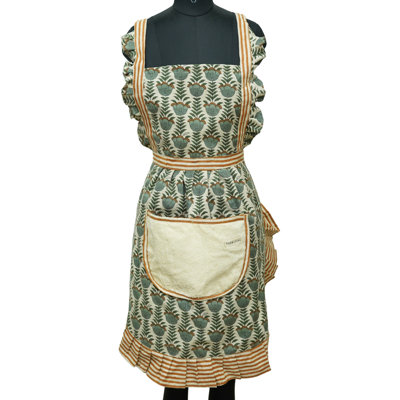 Cotton Apron – Heritage Blooms with Contrast Trim, Lotus, Grey