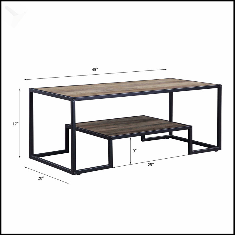 Table basse rectangulaire avec tablette à 1 niveau, finition chêne rustique et structure en métal robuste pour les salons modernes