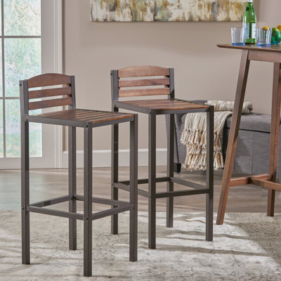 Outdoor Wood  2  - Dark Brown, 37.64 In. High, 17.98 Wide, 15.49 Deep. Robust Powder-Coated Iron Support. Graceful Slat Panel Stool. For All Areas 2 37.64" Height, 17.98" Width, 15.49" Depth. Strong