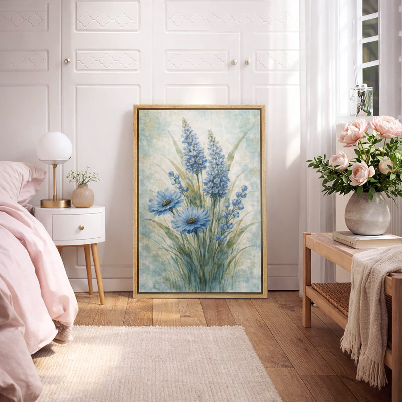 Œuvre botanique bleue de fleurs sauvages, décorations murales florales rétro, impression sur toile encadrée, Cadre naturel