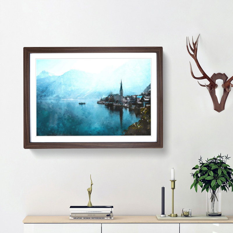 Boat In Hallstatt Austria Painting - Single Picture Frame Print on MDF, Oak, 33cm H x 45cm W x 2cm D