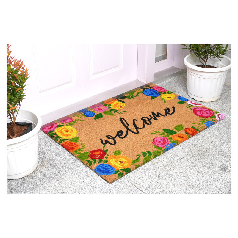 Colorful Floral Coir Welcome Doormat with Vinyl Backing