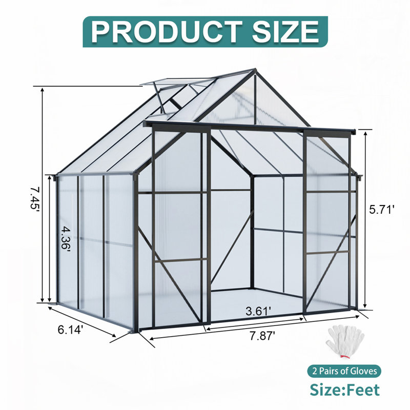8X6FT-Black Double Door Polycarbonate Greenhouse, Black, 6.2' W x 6.1' D