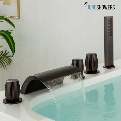 Juno Roman Oil Rubbed Bronze Waterfall Bathtub Faucet with Handheld Shower & Triple Handle Deck Mount