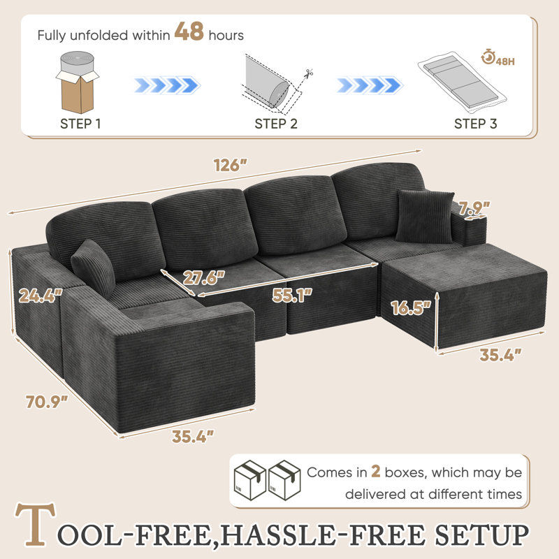 Boneless L-Shaped Modular Sectional Couch, Cloud U-Shaped Sectional Sofa with Wide Armrest, Black Corduroy