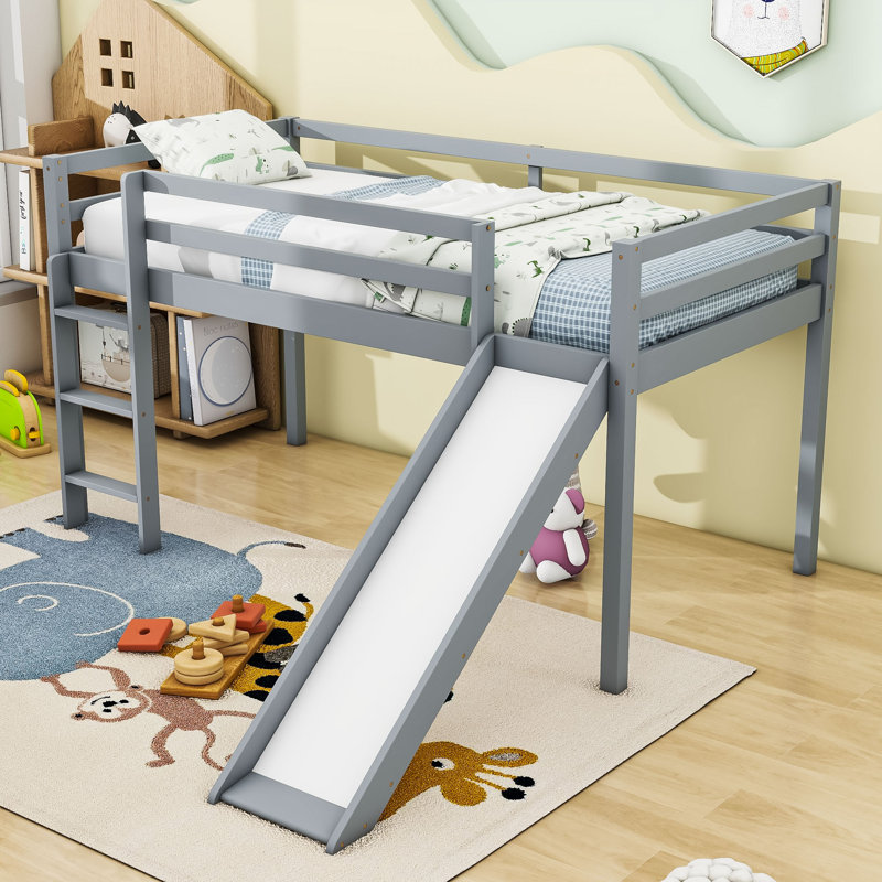 Khai Twin Low Loft Bed With Slide And Ladder, Gray